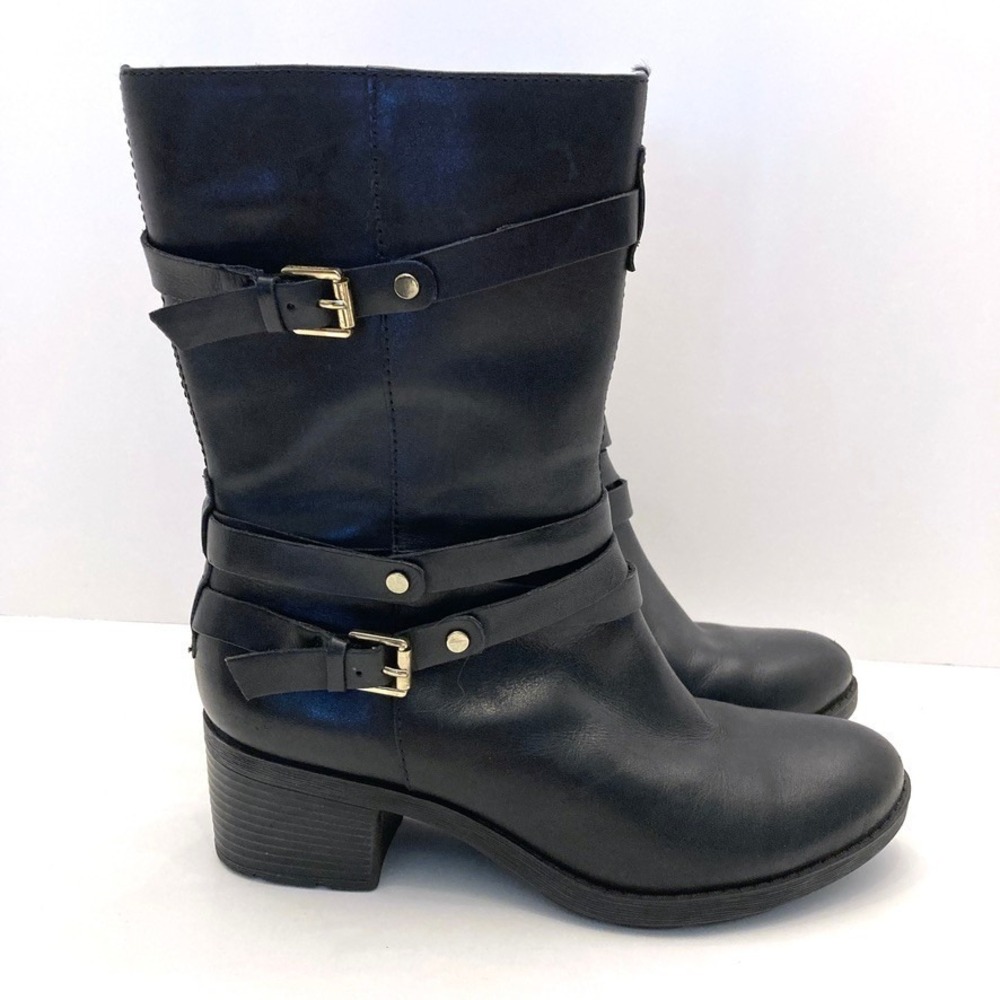 BANDOLINO Dursal Black Leather Moto Boots Women's 6.5 M Side Zip Mid Calf